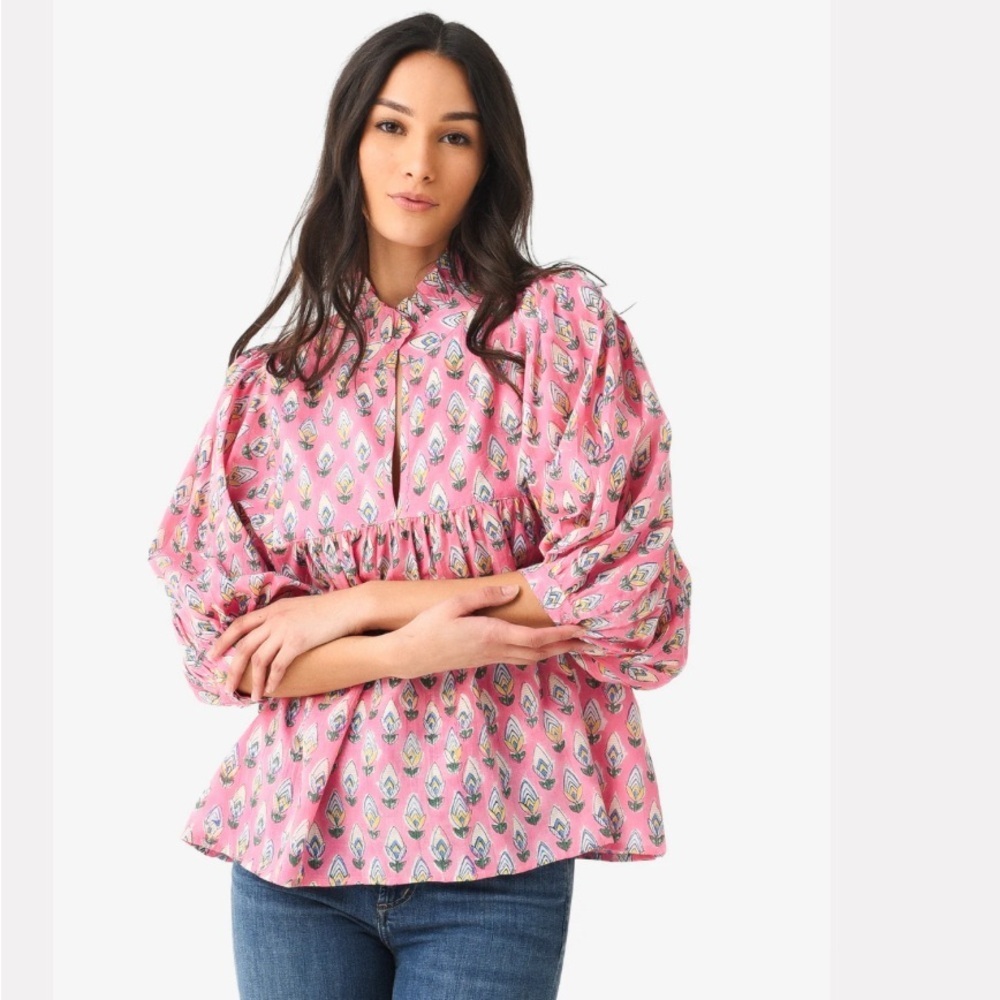 Sur La Vague Women's Pink Floral Puff Sleeve Flowy Ruffle Neck Blouse Small - Picture 11 of 12